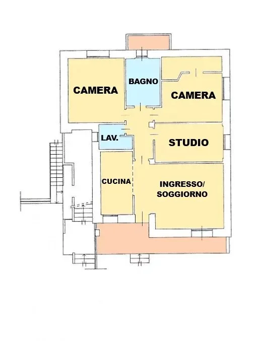 Planimetria della villetta con camere, bagno, studio, cucina e soggiorno.