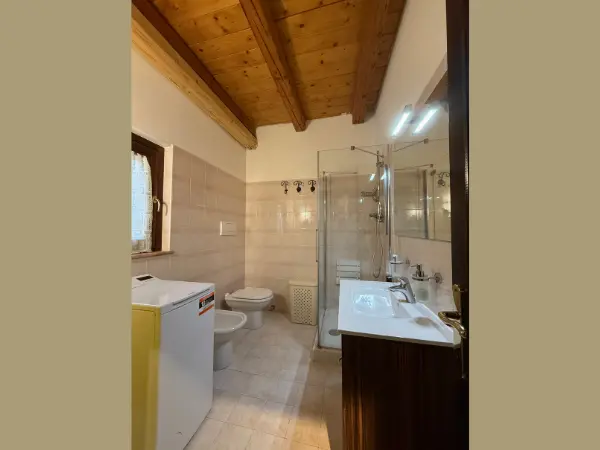 Uno dei due bagni con soffitto in legno.