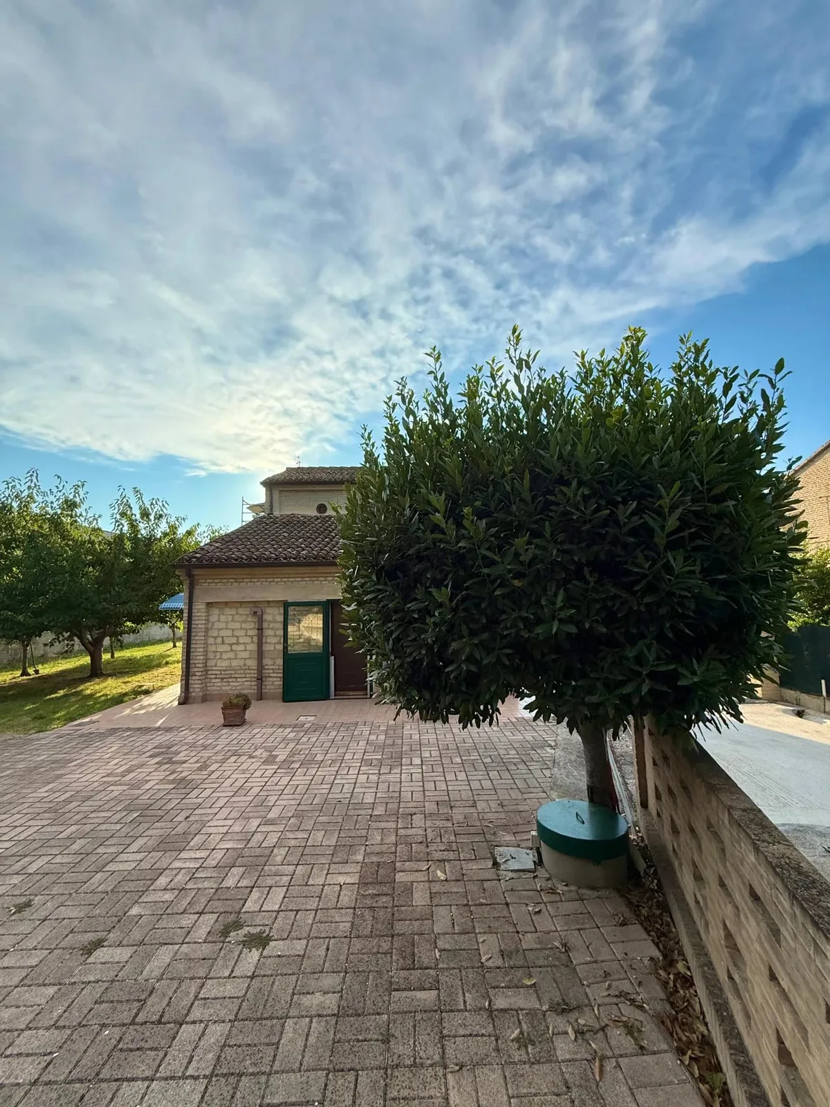 Il cortile pavimentato e il giardino con alberi da frutto.