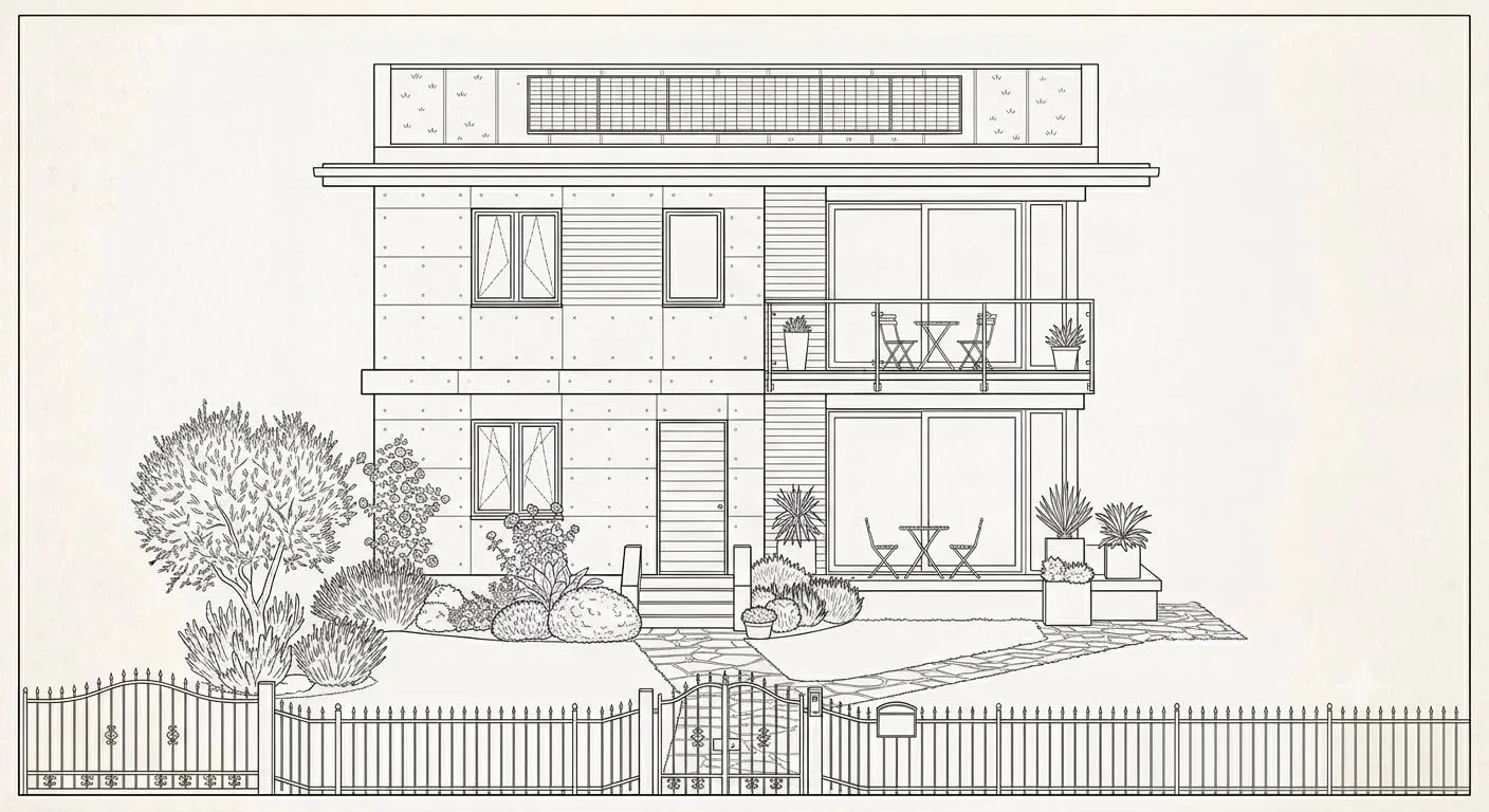 Rendering architettonico della facciata della casa indipendente con giardino in vendita a Senigallia, zona Montagnola