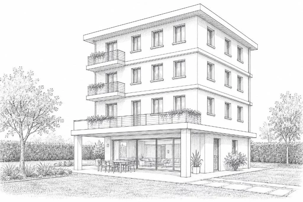Rendering architettonico della facciata dell'appartamento con giardino in vendita a Senigallia, zona Ponte Rosso